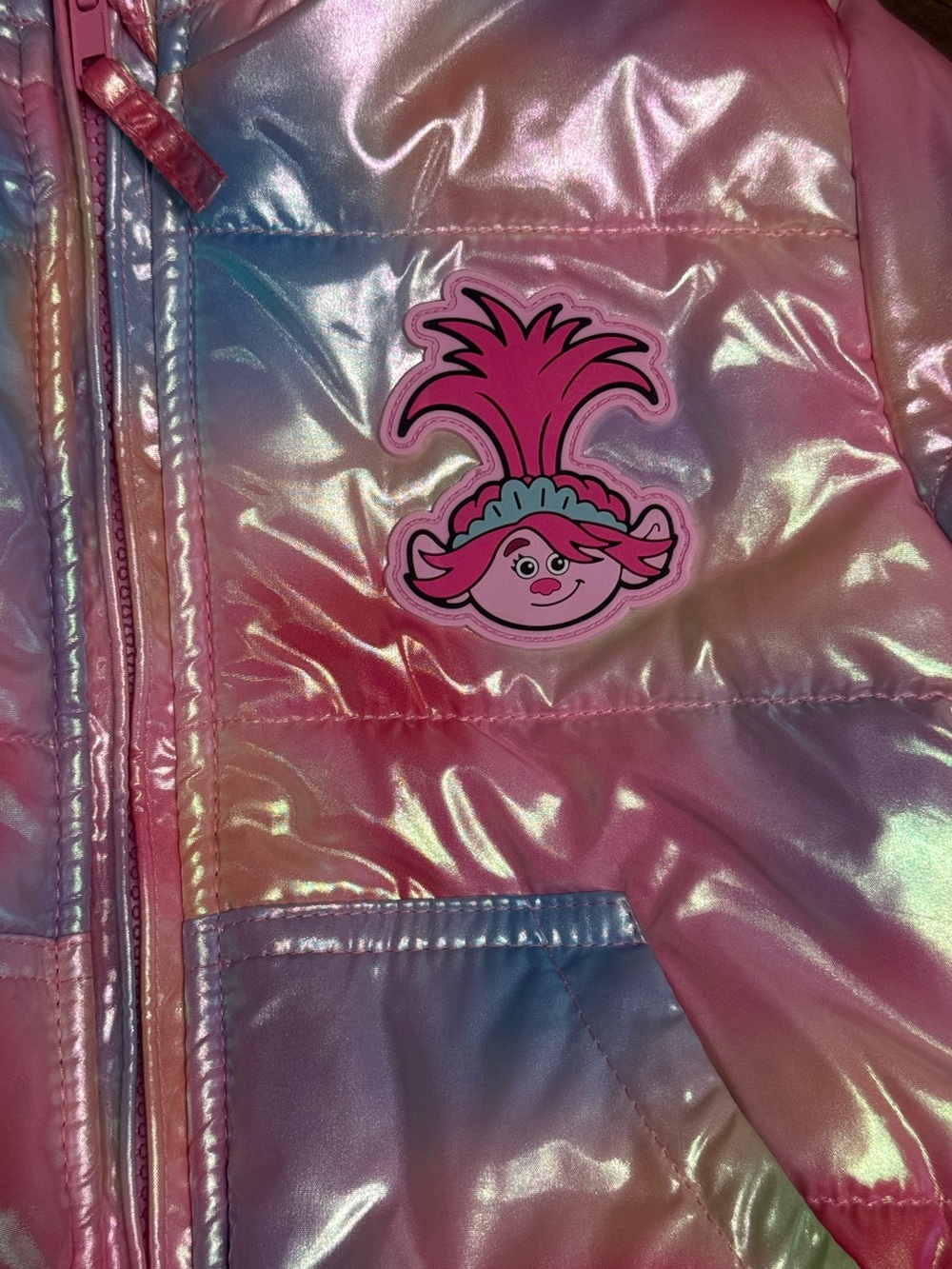 Trolls Toddler Girl Iridescent Puffer Jacket with Hood & Poppy Embellishment|2T - Picture 5 of 5